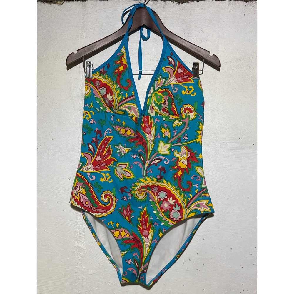Boden Womens Size 14 Blue Multicolor Paisley Halter One Piece Swimsuit Vacation